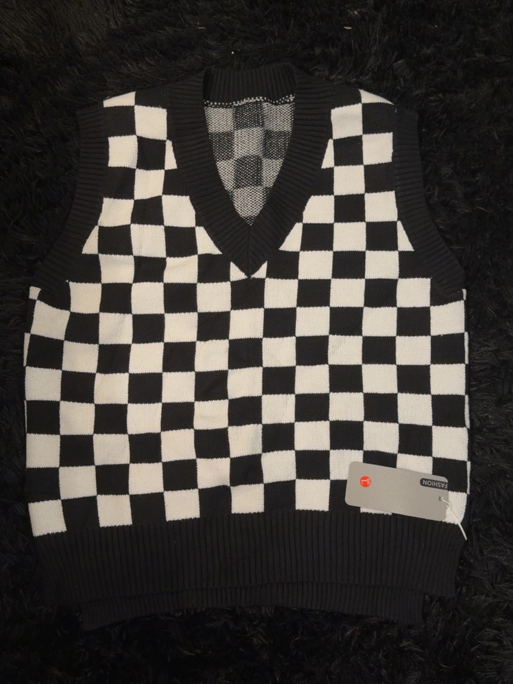 Men's Black and White Checkered V-Neck Sweater Vest